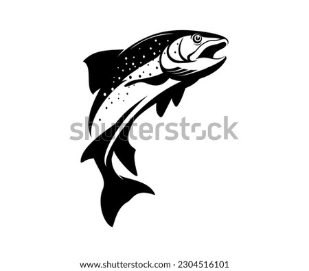 Rainbow Trout logo, Black and White Trout fish jumping out of the water, Great for your rainbow fishing activity.