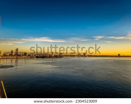 A city skyline and water