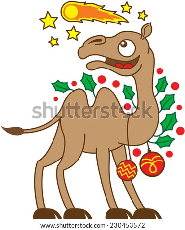 Happy brown camel ornamented with evergreen holly leaves and red Christmas baubles while watching a comet, which is flying in the sky in the middle of yellow stars