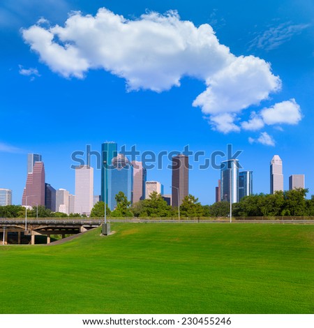 Houston skyline blue sky and Memorial park turf at Texas USA US