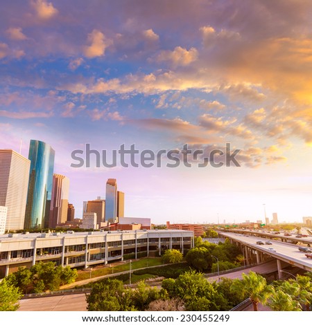 Houston Skyline North view aerial sunset in Texas US USA
