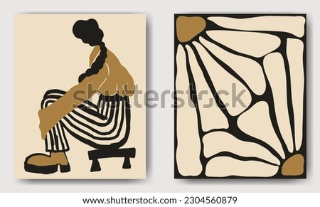 Diptych: girl and daisies. Vector illustration depicting a girl sitting on a chair and daisies in a square. Contemporary Art. Interior paintings. Royalty-Free Stock Photo #2304560879