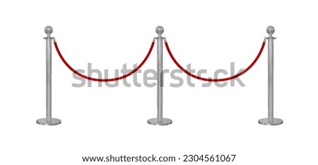red velvet rope barrier and 3 silver poles isolated on white background Royalty-Free Stock Photo #2304561067