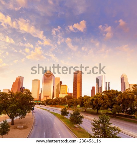 Houston skyline at sunset from Allen Pkwy Texas USA US America