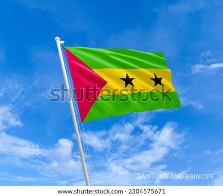 Flag on Sao-Tome-and-Principe flag pole and blue sky, Flag of Sao-Tome-and-Principe fluttering in blue sky big national symbol. Waving  red, yellow and green Sao-Tome-and-Principe flag, Independence 