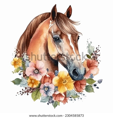 Horse with Flowers Watercolor Vector Illustration
