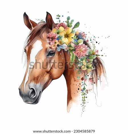 Horse with Flowers Watercolor Vector Illustration