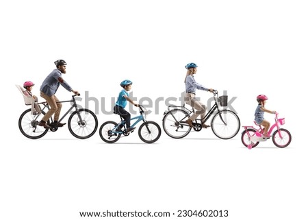 Family with three children riding bicycles isolated on white background
