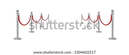 Perspective view red velvet rope barrier and silver poles isolated on white background Royalty-Free Stock Photo #2304602217