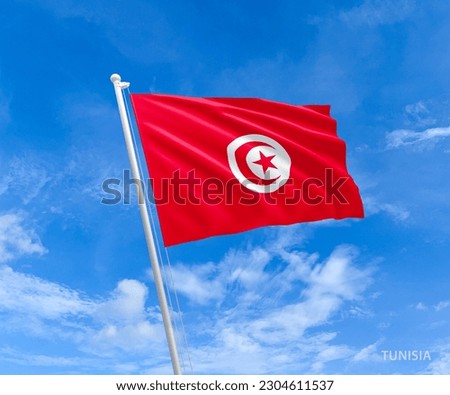 Flag on Tunisia flag pole and blue sky, Flag of Tunisia fluttering in blue sky big national symbol. Waving red and crescent symbol Tunisia flag, Independence Constitution Day.