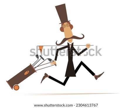 Cartoon man in the top hat running to play golf.
Running long mustache gentleman in the top hat with a golf club and golf bag. Isolated on white background
