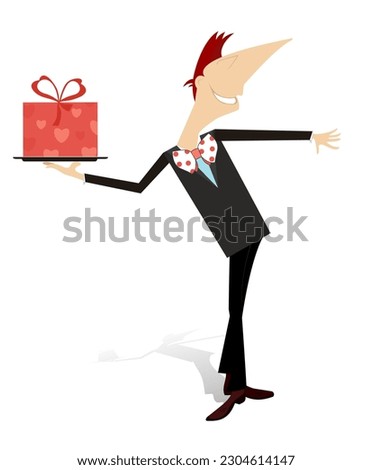 Cartoon young man holding a gift box. 
Happy smiling man holds a big present box. Isolated on white background illustration
