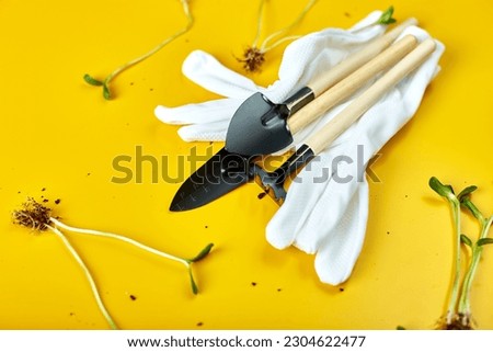 Flat lay gardening tools, gloves and greens on yellow background, Spring garden works concept, Copy space for text, top view