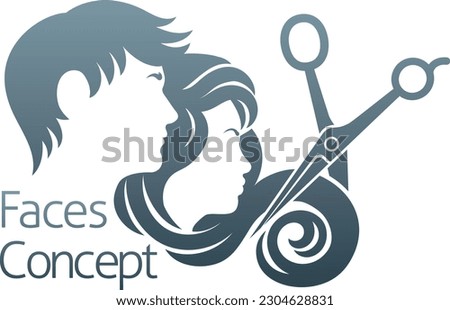 Hairdresser or hair salon concept icon with silhouette man and woman and hairdressers scissors Royalty-Free Stock Photo #2304628831