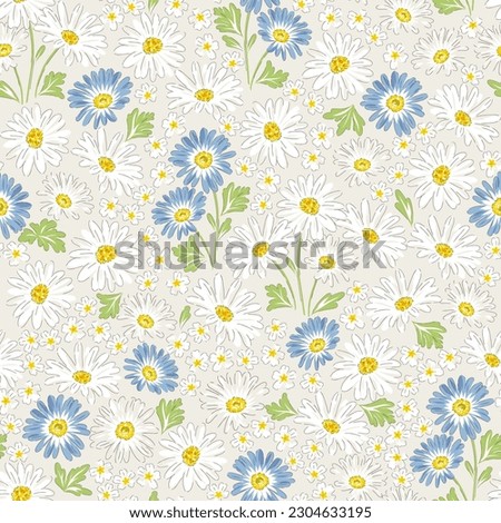Daisy blossom Spring Garden flower hand drawn vector seamless pattern. Vintage Romantic Liberty inspired Petite floral ditsy print. Bloomy calico background for fashion fabric or home textile Royalty-Free Stock Photo #2304633195