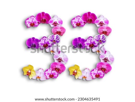 The shape of the number 33 is made of various kinds of orchid flowers. suitable for birthday, anniversary and memorial day templates