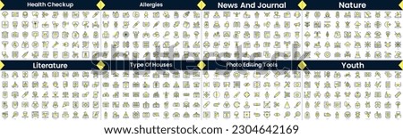 Linear Style Icons Pack. In this bundle include health checkup, allergies, news and journal, nature, literature, type of houses, photo editing tools, youth