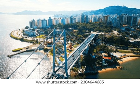 Aerial view of the city of Florianopolis during sunny day. Brazil, island of Santa Catarina 