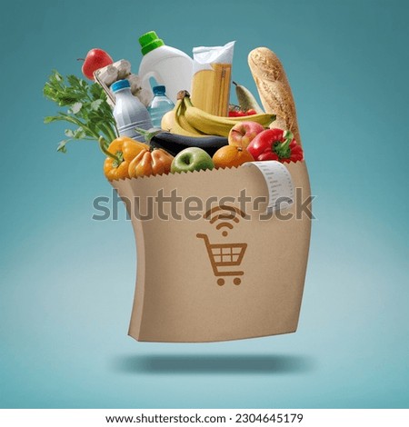 Quick automated grocery bag delivering groceries, online grocery shopping concept Royalty-Free Stock Photo #2304645179