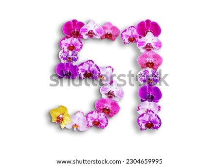 The shape of the number 51 is made of various kinds of orchid flowers. suitable for birthday, anniversary and memorial day templates