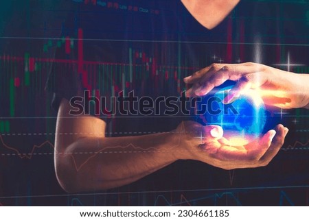 businessman holding a Global world map virtual holographic, big data stock trading chart analysis and business intelligence concept, business technology financial investment concept used as background