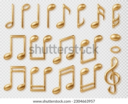 Gold music notes 3d symbols set. Vector realistic icon collection of classic music symbol isolated on transparent background