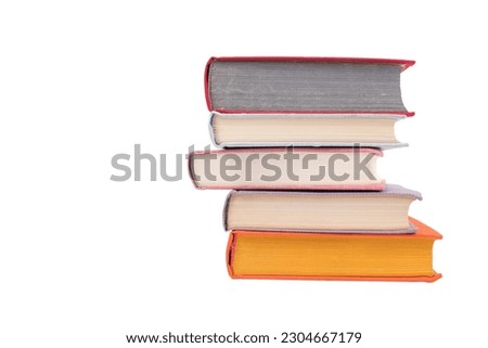 Composition with hardcover books, Books stacking, isolated on white background. Back to school. Copy Space. Education background