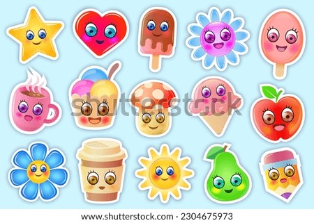 Cute stickers collection. Funny stickers with happy, funny cartoon characters. Cute flowers, ic