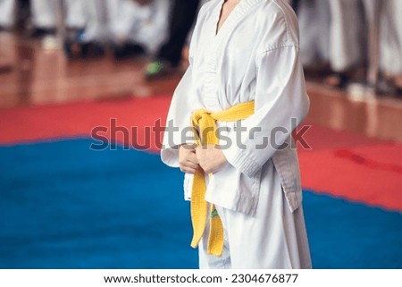 Combat fights. Young man with yellow belt in the gym. Royalty-Free Stock Photo #2304676877