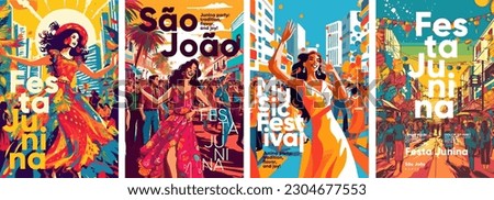 A traditional Brazilian festival Festa Junina. Set of vector illustrations. Music Festival. Festive banner, poster, cover. Royalty-Free Stock Photo #2304677553