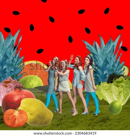 Contemporary art collage. Beautiful young women in stylish clothes standing gains abstract background with fruits and vegetables. Creative colorful design. Concept of food pop art, fashion, diet