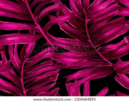 Africa Tropic Seamless Pattern. Watercolor Leaves of Monstera, Palm and Jungle. Swimwear Shirt Botanical Flower Background. Pink Black  Large Leaf Aloha Rapport. Hawaiian Botany Texture Design.