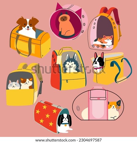 The set of different pet carriers. Travel bags for cats and dogs. Transportation of animals.
