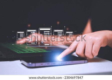 Business woman touching virtual monitor with document for online approve paperless quality assurance and ERP management concept.