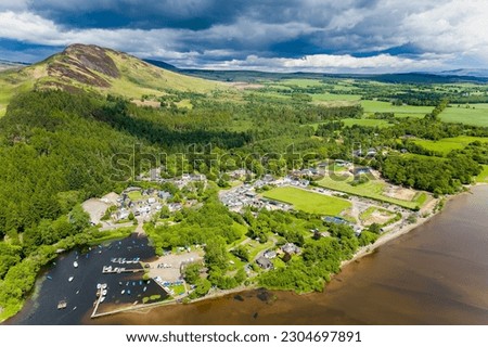 Drone view of Balmaha and Conic Hill on the shores of Loch Lomond (Scottish Highlands) Royalty-Free Stock Photo #2304697891