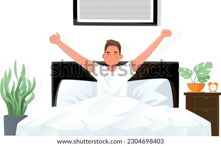 Happy man woke up and stretches in bed. Good morning. Awakening. Wake up. Vector illustration in cartoon style Royalty-Free Stock Photo #2304698403