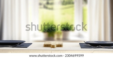 Wooden desk of free space and interior with window. 