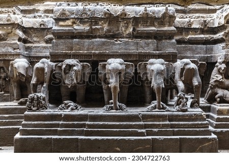 Exterior of the Kailasa temple with elephant sculptures, Ellora caves, Maharashtra, India, Asia Royalty-Free Stock Photo #2304722763