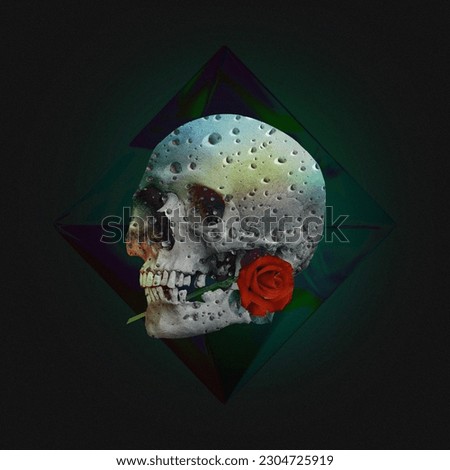 Creepy Skull Collage Art With Rose in Its Mouth. Creative abstract cover collage of old skull dead zombie halloween decoration growing flowers flowers dark background