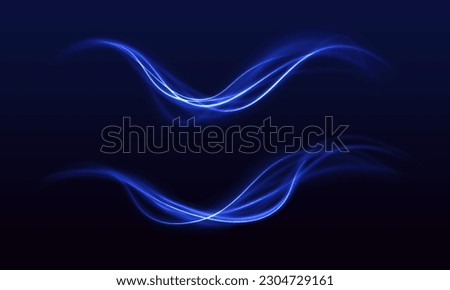 Blue light trail, wave speed, trace line twirl. Abstract light lines of movement and speed with white color glitters.	