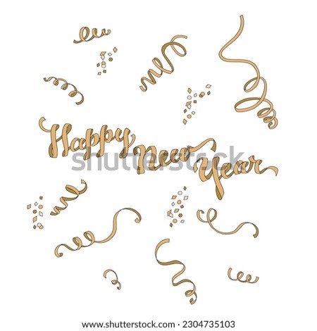 Happy New Year ribbon text confetti vector clip-art set isolated on white. Winter holidays illustration collection. Hand drawn festive seasonal design elements.