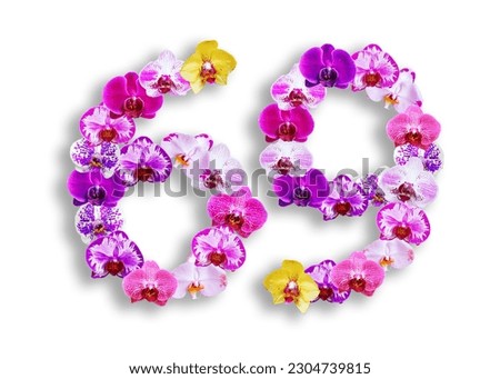 The shape of the number 69 is made of various kinds of orchid flowers. suitable for birthday, anniversary and memorial day templates