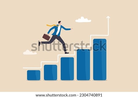 Progress or improvement to success, step forward to grow business, journey to achieve goal, ambition or career path concept, businessman walk up growth chart and graph with stair to success. Royalty-Free Stock Photo #2304740891