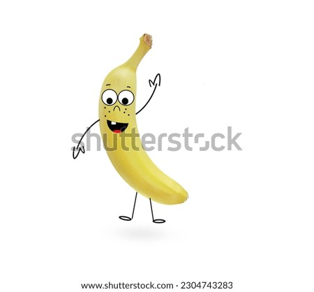 Funny cartoon yellow banana with a cheerful face close-up isolated on a white background. 