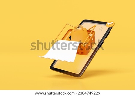 3d mobile phone with shopping cart, basket, paper receipt isolated on yellow background. promotion, discount sales for shopping online, invoice, electronic bill, 3d illustration render, clipping path