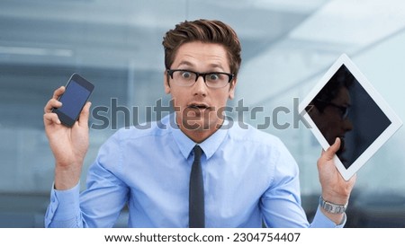 Phone, tablet or business portrait of man with technology for research, communication or UI work. Emoji facial expression, confused and crazy person, professional consultant or agent with tech screen Royalty-Free Stock Photo #2304754407