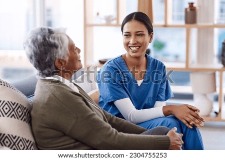 Healthcare, happy and a nurse talking to an old woman in a nursing home during a visit or checkup. Medical, smile and a female medicine professional having a conversation with a senior resident Royalty-Free Stock Photo #2304755253