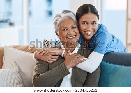 Smile, portrait and nurse hugging old woman in retirement house, bonding and medical care. Face, hug and elderly person with caregiver in nursing home on living room sofa for health, support or help. Royalty-Free Stock Photo #2304755261