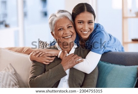 Portrait, smile and nurse hug old woman in retirement house, bonding and medical care. Face, hugging and elderly person with caregiver in nursing home on living room sofa for health, support or help. Royalty-Free Stock Photo #2304755315