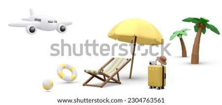 Time to travel concept poster in 3d realistic style with palm tree,  airplane, bitch ball, lifebuoy, beach chair ,umbrella, suitcase  .Vector illustration. Royalty-Free Stock Photo #2304763561